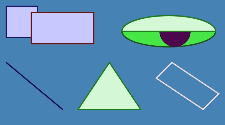 A few basic shapes drawn in different colors over a blue background.