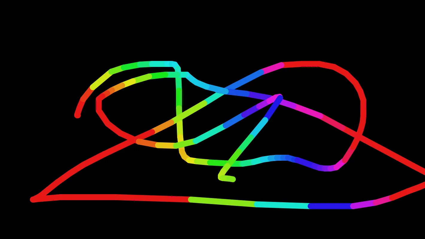 A squiggly rainbow line on a black background.