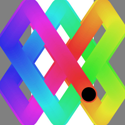 小さな黒い円が虹のような格子状の軌道を描き、灰色と白のストライプの背景の上にあります。