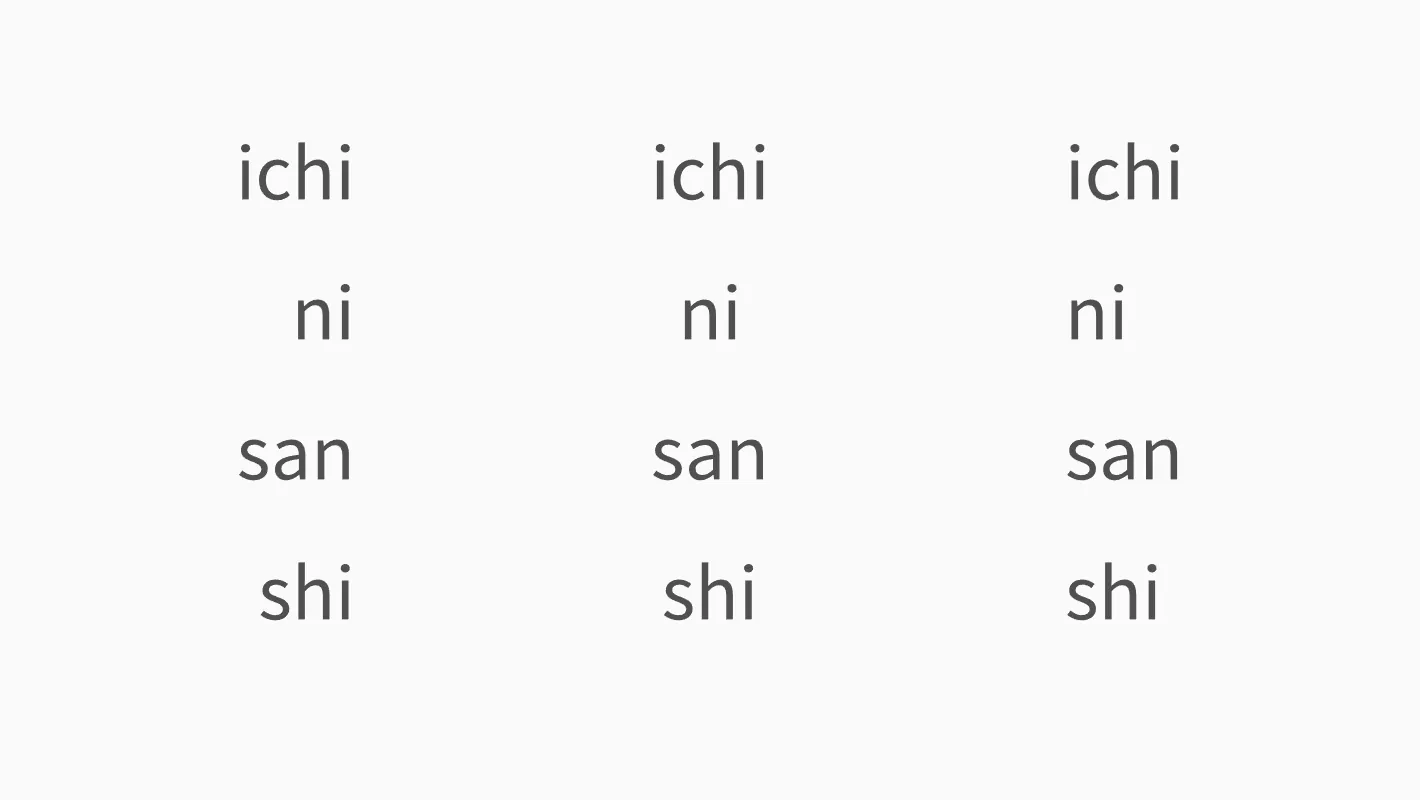 Three columns of the words “ichi,” “ni,” “san,” and “shi” on a white background. The first column is right aligned, the middle column is center aligned, and the left column is left aligned.