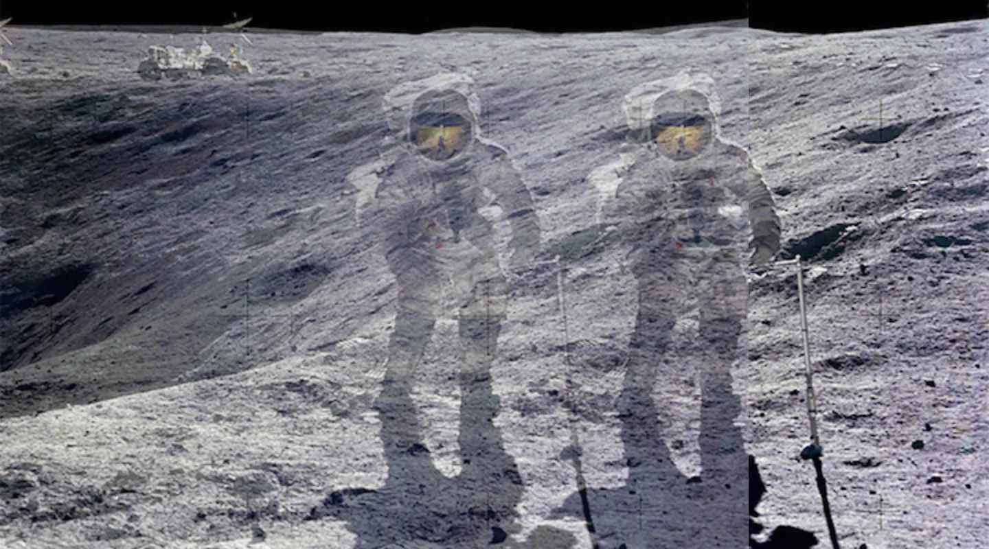 An astronaut on a planet as the background with a slightly transparent version of this image overlaid and to the left.