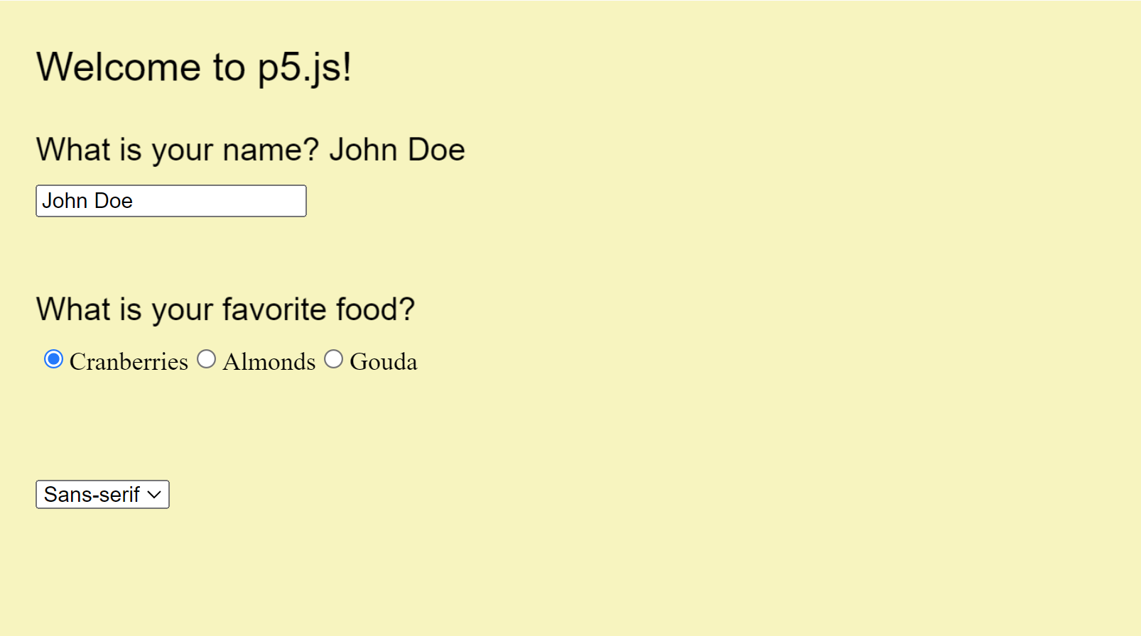 黄色の背景に、入力フィールド、ラジオボタン、ドロップダウンからなる調査。