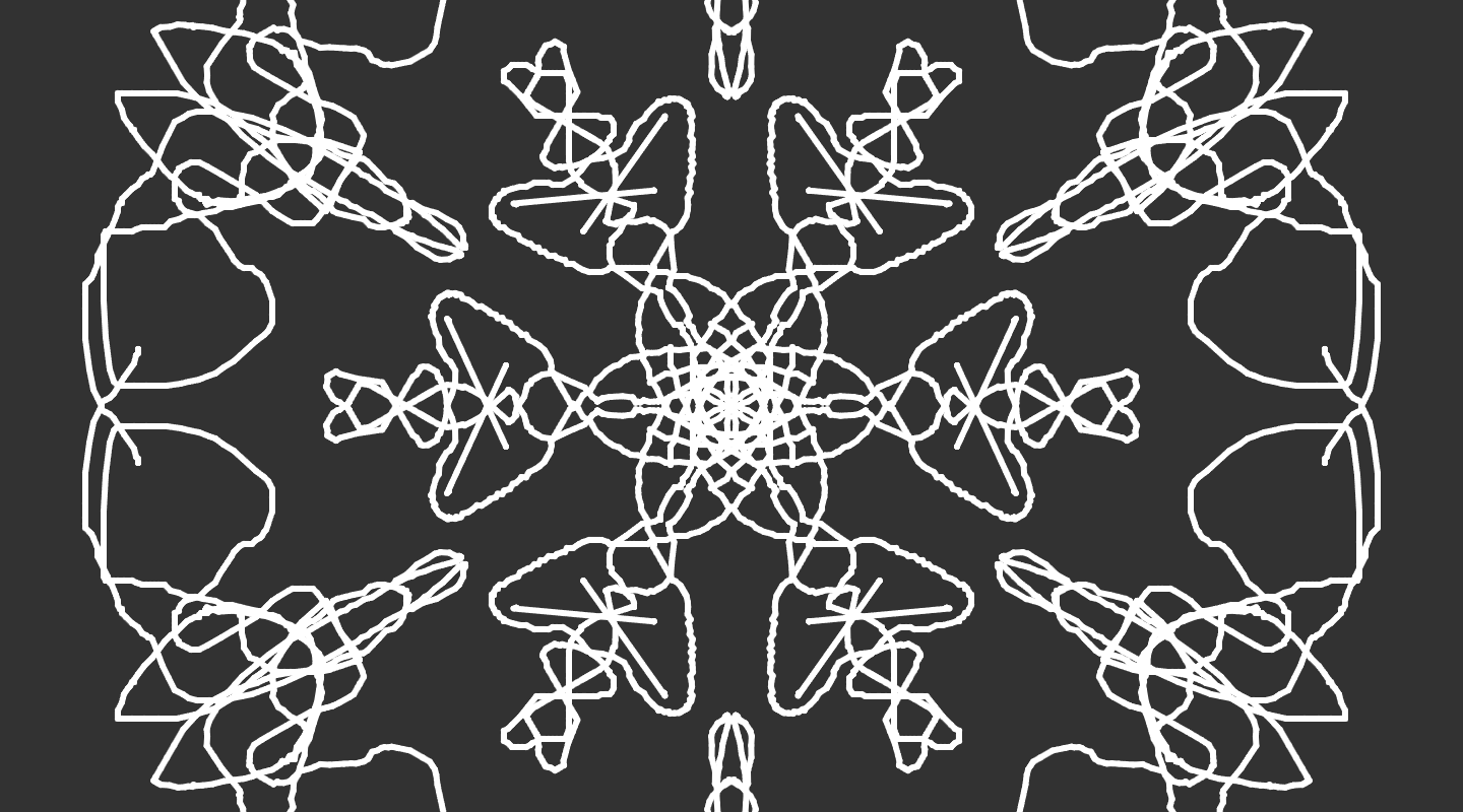 ダークグレーのキャンバスが、内部に描かれた線を対称的なセクションで反射します。