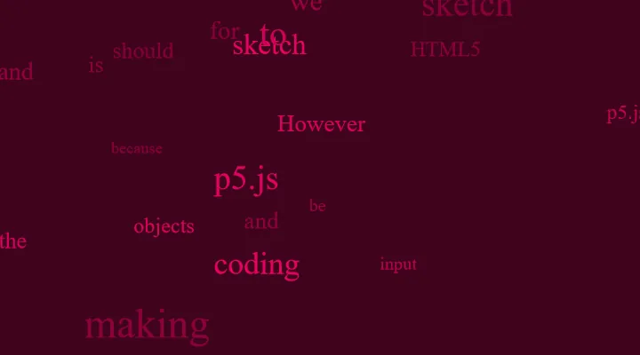 A random series of words related to p5.js scattered on a maroon background.