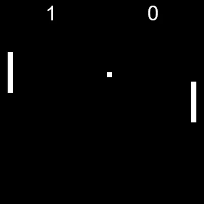 Two narrow white rectangles and a white square representing the paddles and ball in a game of ping pong.