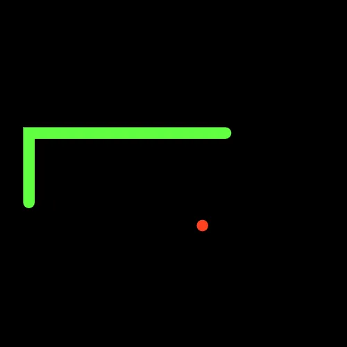 A narrow green L shape and a red square representing the snake and fruit in the arcade game Snake.