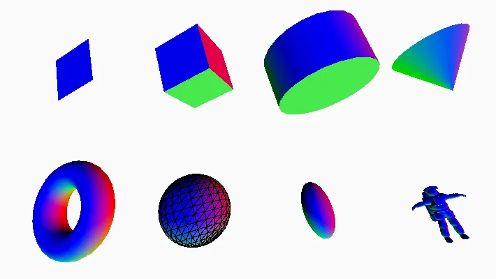 Eight 3D shapes; a plane, box, cylinder, cone, torus, sphere, ellipsoid, and a model of an astronaut. The surface of the shapes are multicolored.