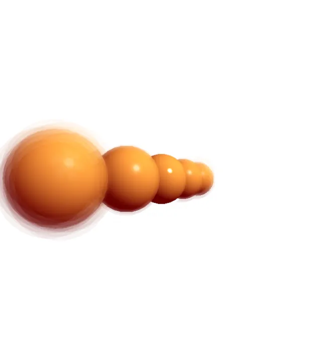 A row of five orange spheres. The closest and farthest spheres from the camera appear blurred.