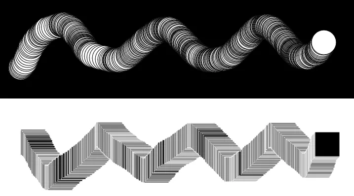 Two curving lines made of repeating white circles and squares with black outlines, on a black and white background.