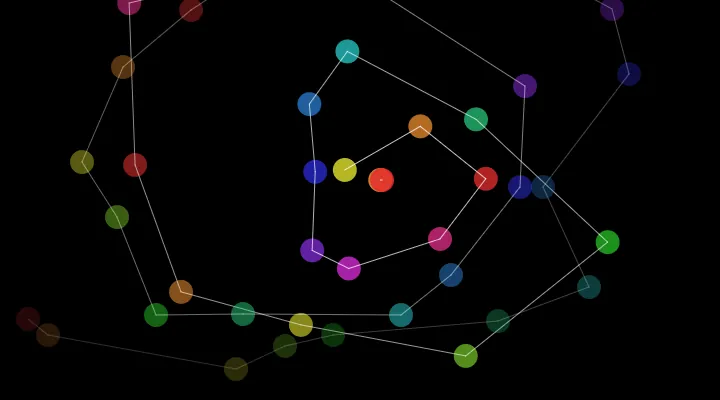 A pattern of multicolored circles connected by white lines, on a black background.