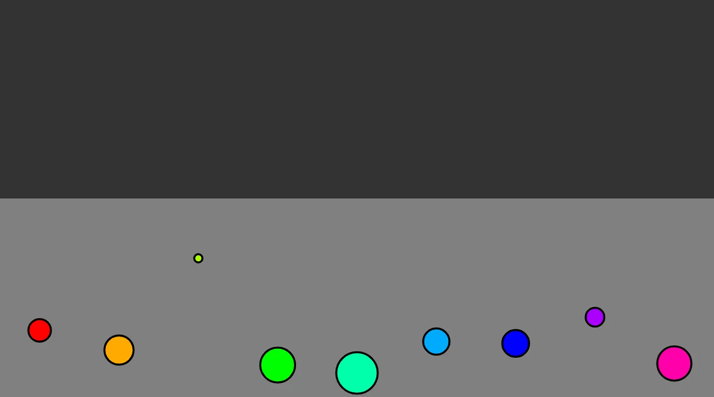 9 multicolored circles at varying heights on a grey background.