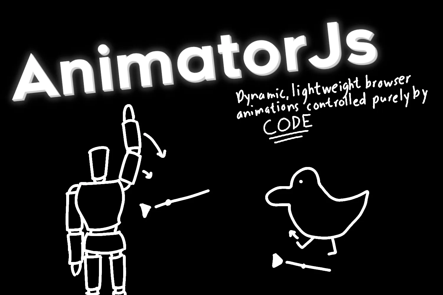 \"AnimatorJs\"という名前の上にポーズマネキンとアヒルのアニメーションの絵があり、どのように動くかを示す矢印が描かれています