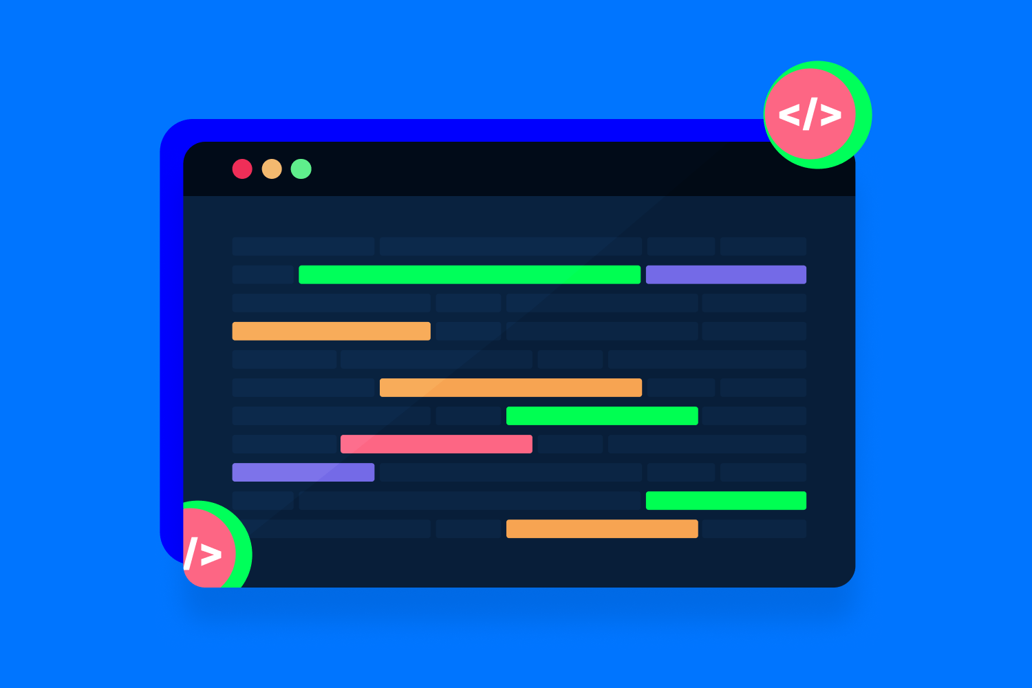 コードエディタのグラフィックイラストで、シンタックスハイライトを表現するカラフルな線が描かれています。HTMLタグを表現する2つの浮かぶ円がエディタを囲んでいます。