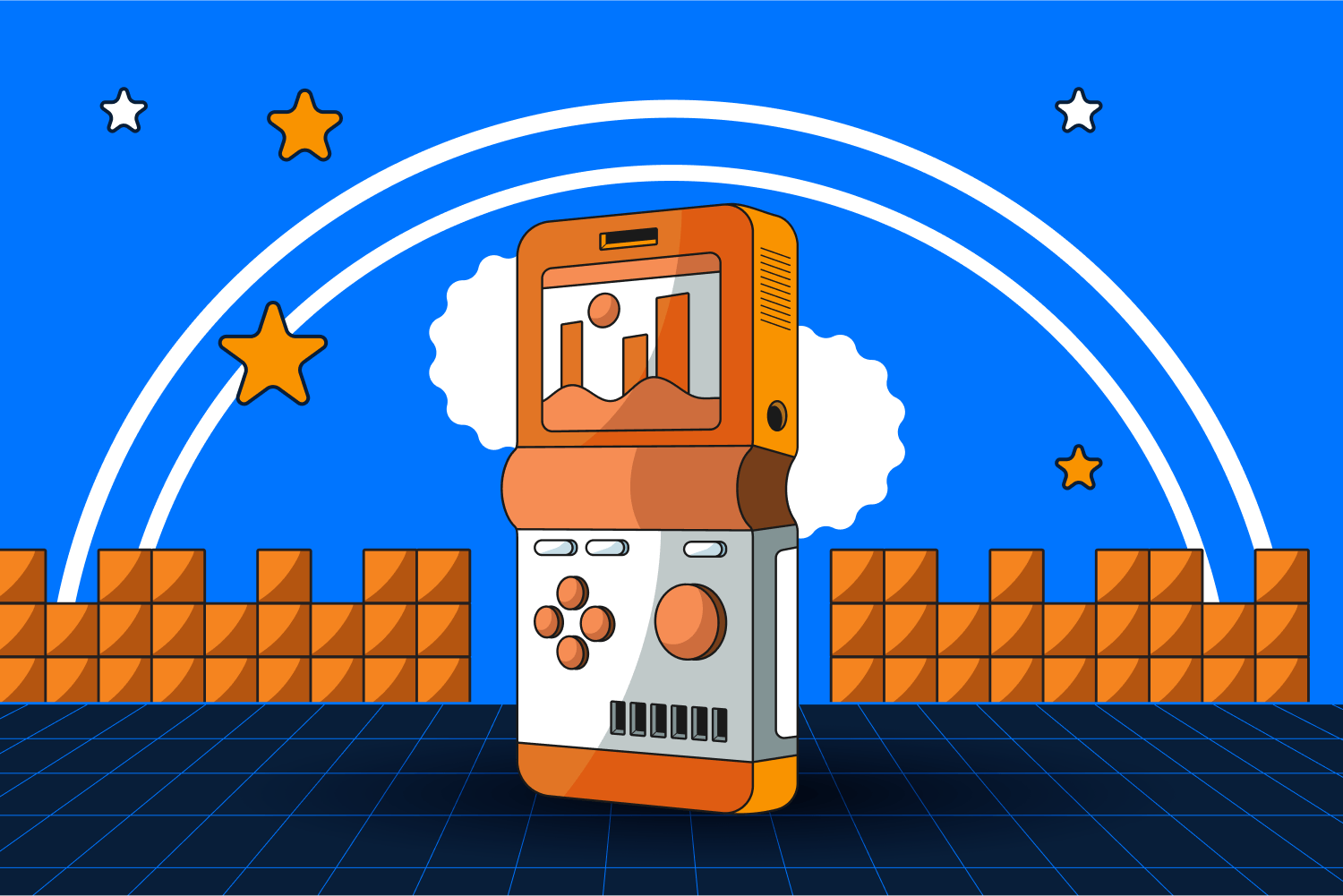 レトロなハンドヘルドゲーム機が画面の中央に配置されています。画面にはシンプルな風景が表示されています。デバイスは明るい青色の背景に配置され、虹のような白い動きのアークと様式化された星が描かれています。両側の茶色いブロック状のプラットフォームとチェック柄の床が、ノスタルジックなビデオゲームのシーンを完成させています。
