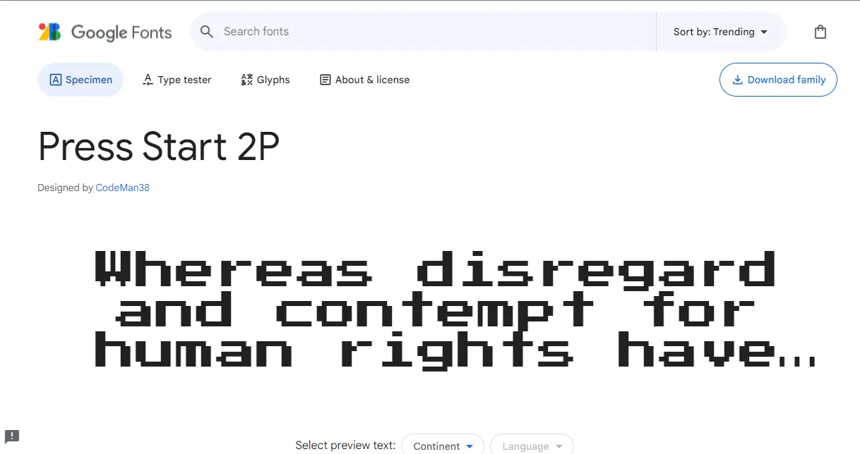 A screenshot from the Google Fonts website showing a sample of the 'Press Start 2P' font. The font, designed by CodeMan38, has a pixelated, blocky style that is reminiscent of text seen in early computer and video game screens. In the example, the bold letters spell out "Whereas disregard and contempt for human rights have...". This shows the font's retro gaming style and digital type.