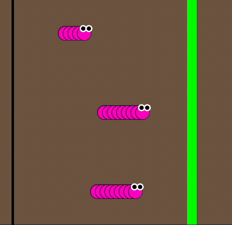 3匹のピンクのイモムシがキャンバスの右側にある緑のゴールラインに向かってクロールしています。