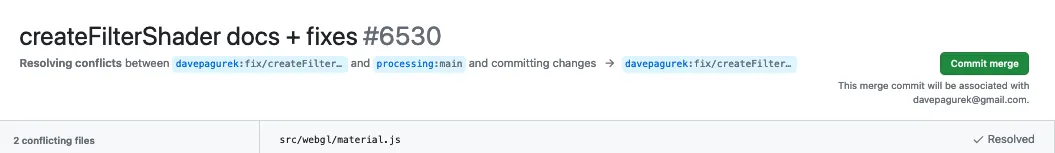 The GitHub conflict resolution interface after all conflicts have been marked as resolved. A green "commit merge" button is enabled.