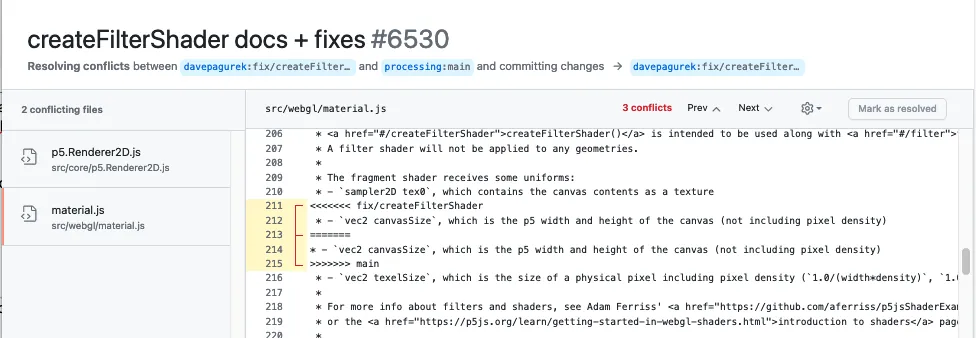 A screenshot of GitHub's conflict resolution interface. A sidebar lists the files with conflicts. The right pane contains the conflicting code, with merge conflict markers highlighted.