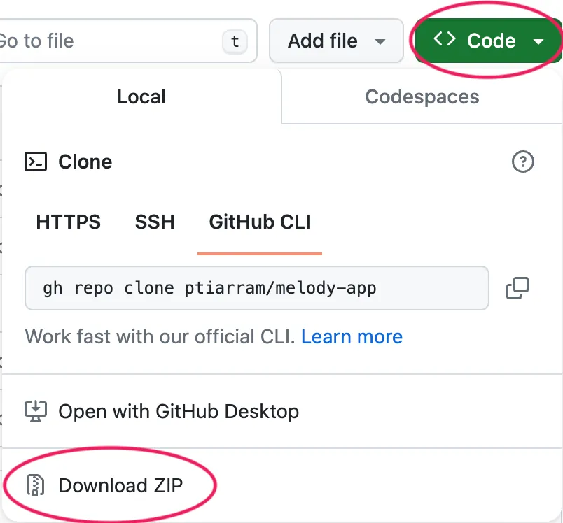 A snapshot of the dropdown window that appears when the green button labeled “<> Code” is pressed in a Github repository web page. A red circle highlights the green code button, and the option in the dropdown window labeled “Download Zip”.