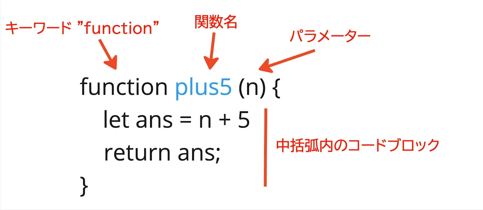 値 "ans" を返す関数宣言の構文を、その様々な部分を指す矢印でラベル付けした図。"function" という単語を指す矢印に "キーワード 'function'" とラベル付け; "plus5" を指す矢印に "関数名" とラベル付け; 括弧内の文字 "n" を指す矢印に "パラメータ" とラベル付け; 関数の本体は "中括弧内のコードブロック" とラベル付けされ、"let ans = n + 5" と "return ans;" が別々の行に記載されています。