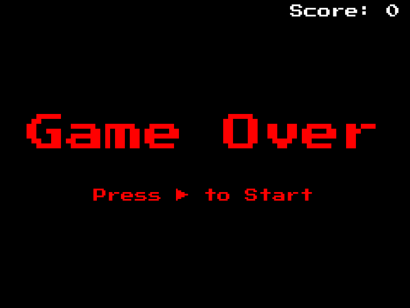 黒い背景に「Game Over」という太字のテキストが中央に表示され、その下に小さめの「Press ▶ to start」というテキストが中央揃えで表示されている画像。両方のテキストは赤色で、レトロゲーム風のフォントPressStart2P-Regularで表示されています。右上には白色で「Score: 0」というテキストが、同じくレトロゲーム風のフォントPressStart2P-Regularで表示されています。