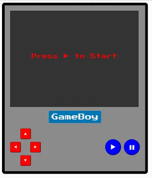 A digital imitation of a handheld GameBoy console. The screen displays the text "Press play icon to Start" in red against a black background. Below the screen is the GameBoy logo, red directional arrows on the left, and two blue action buttons with play and pause icons on them. The GameBoy is gray and with a dark border and rounded edges.