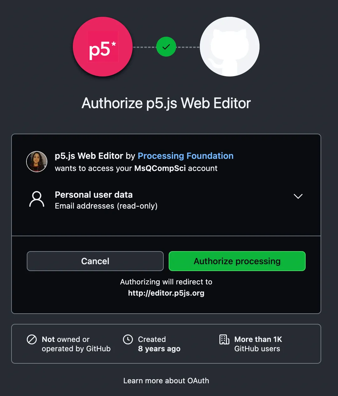 A GitHub third party authorization window informing users that p5.js Web Editor wants to access their GitHub account and read email addresses from their personal user data. Users can cancel the request by clicking the "Cancel" button, or approve the request by clicking the "Authorize processing" button.