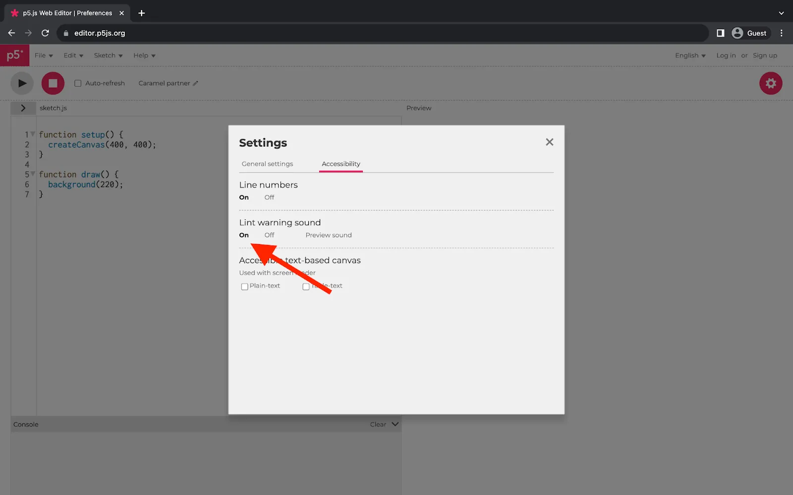 A web browser displaying the p5.js Web Editor. A square menu in the middle of the page displays accessibility settings. A red arrow points to the ‘Lint warning sound’ section of the menu. The ‘On’ option is selected and displayed in boldface.