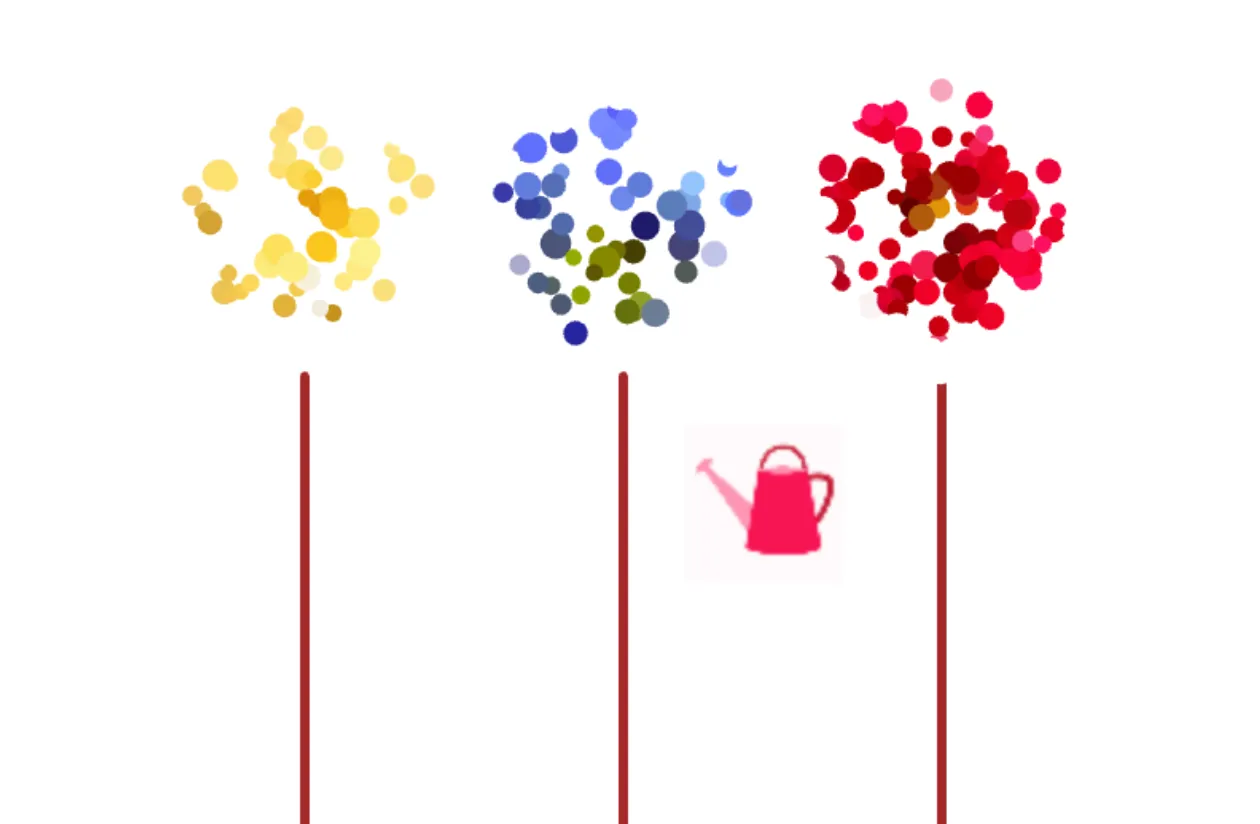 A still frame from an animation of three flowers with petals illustrated using pointillism, three solid stems, and a watering pot.