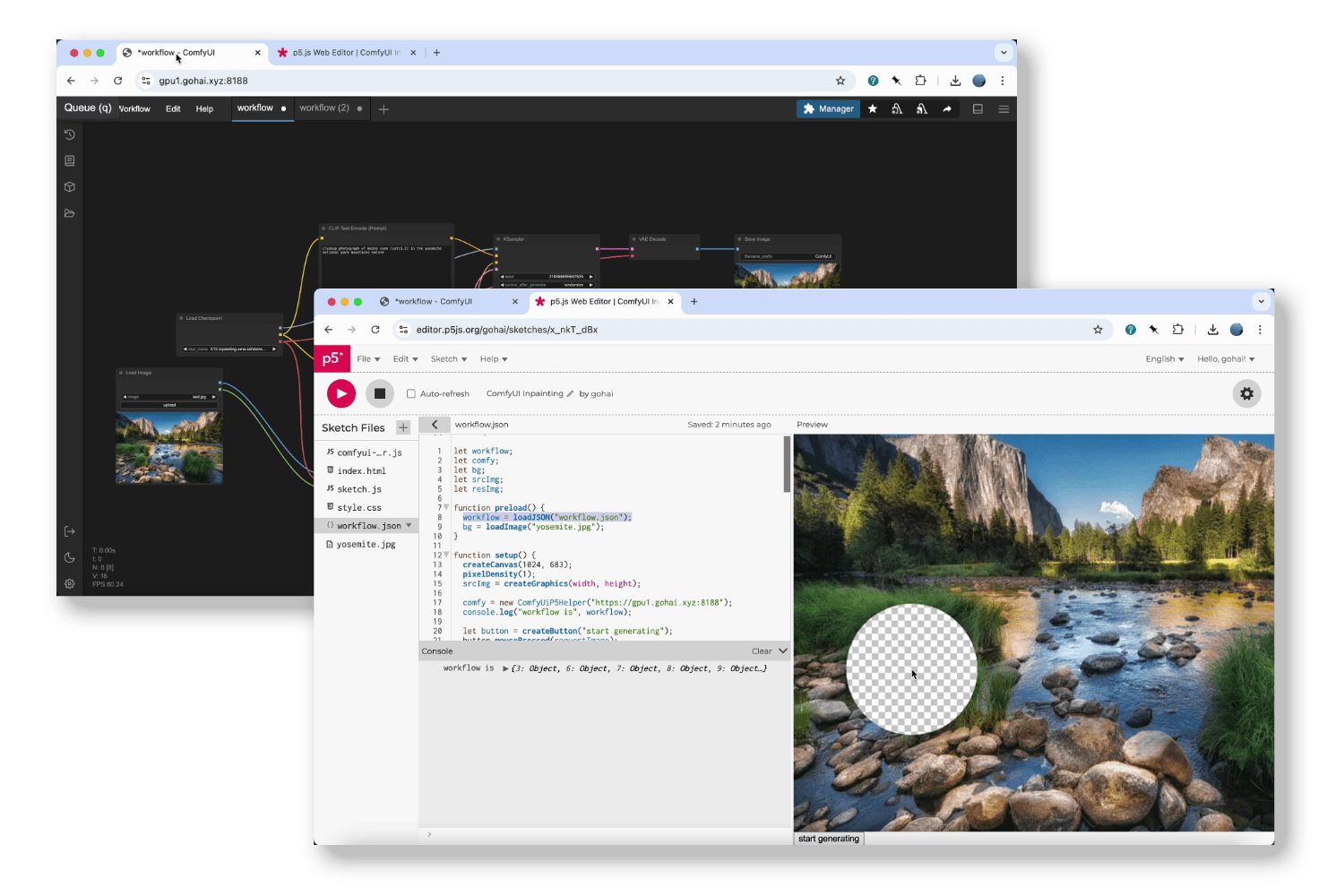 2つのブラウザウィンドウのスクリーンショット - 1つはComfyUIのインスタンスを実行し、もう1つはp5.jsスケッチを実行しています