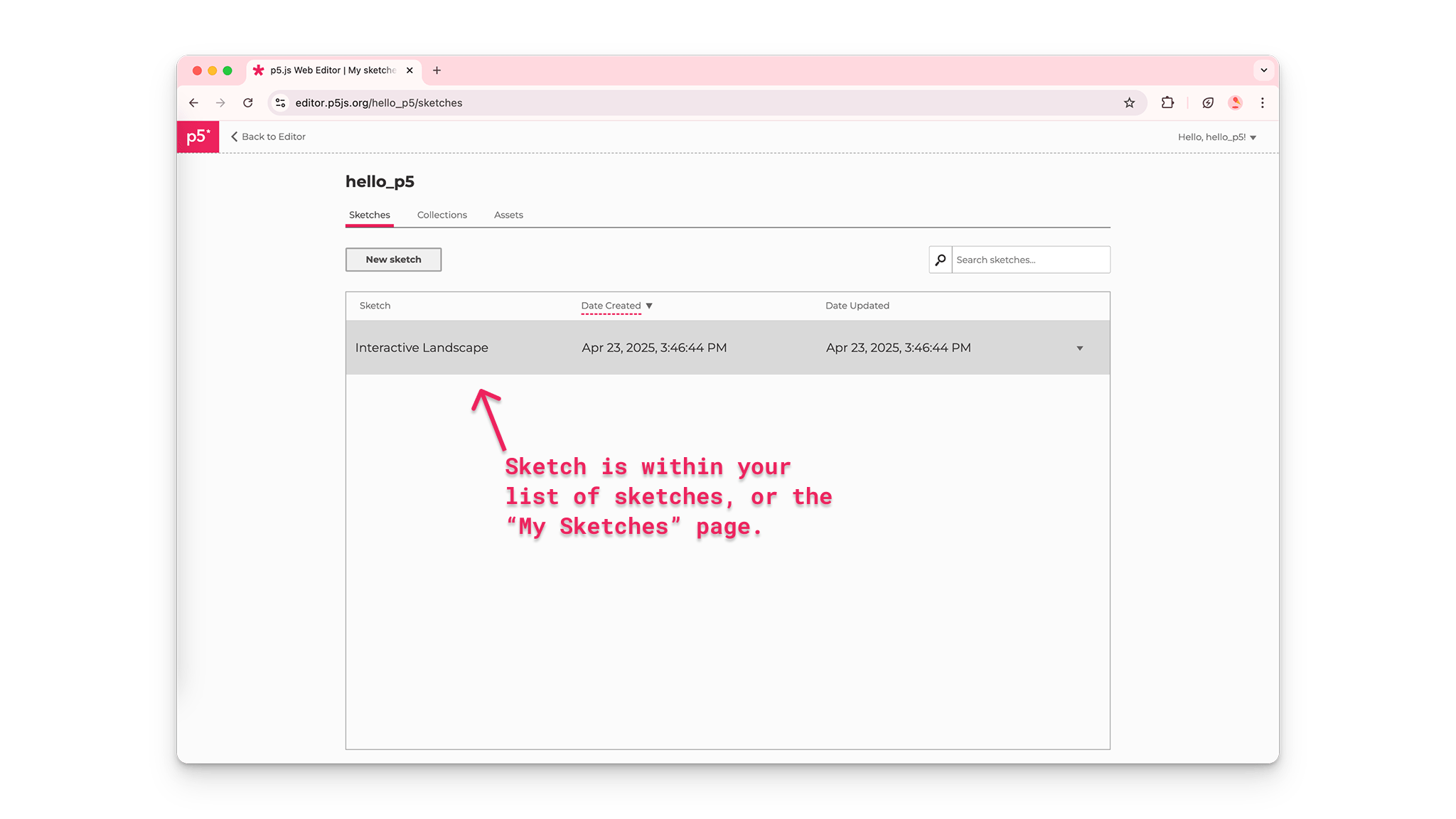 p5.js Web Editorのユーザーが保存されたスケッチのギャラリーでプロジェクト「Interactive Landscape」を見つけます。