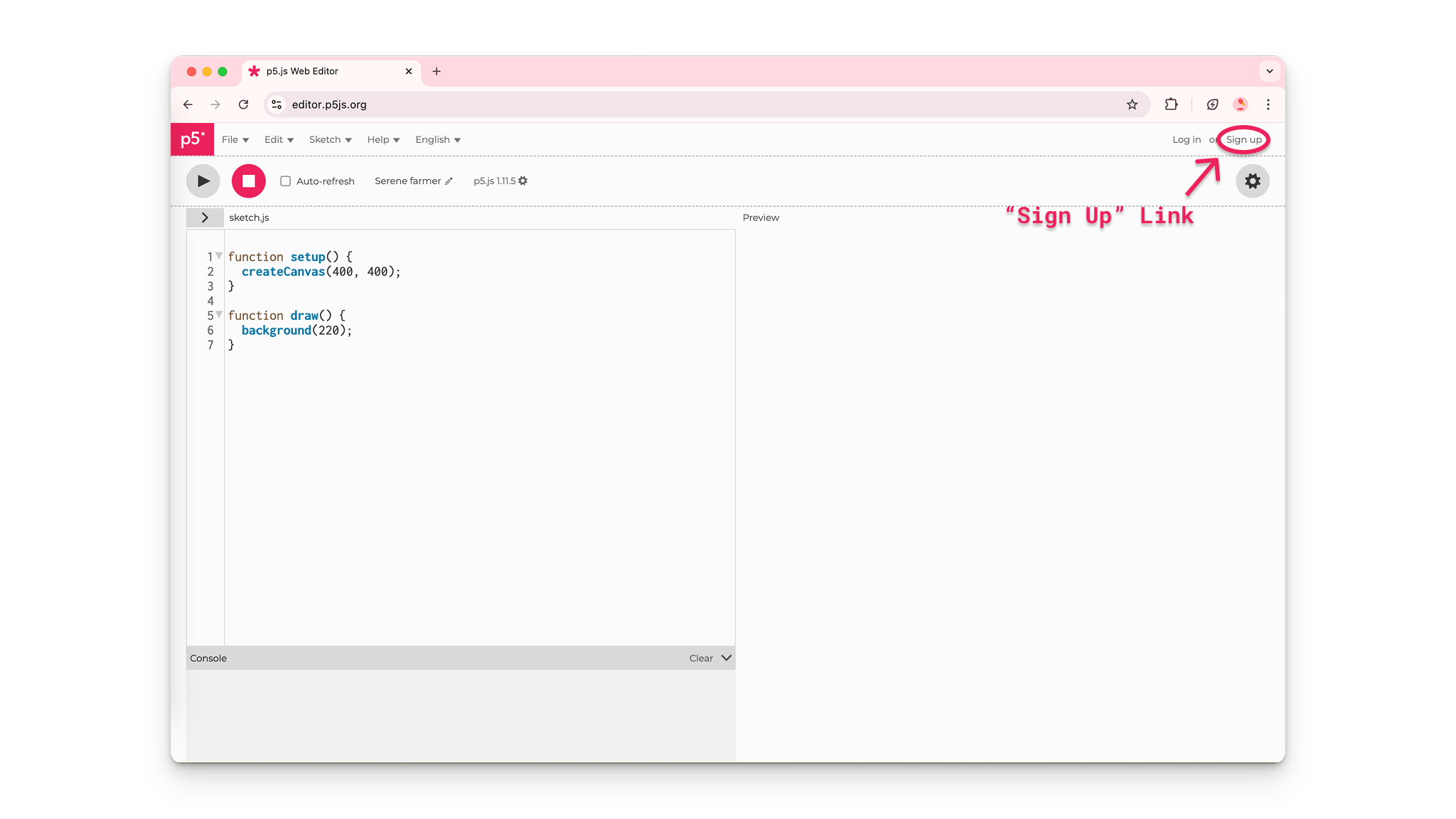 p5.js Web エディタの右上隅にある「サインアップ」リンクを指す矢印。