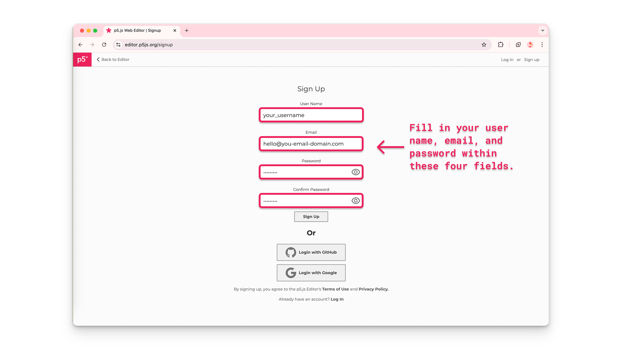 上で説明したサインアップページの強調表示されたフィールドを指す矢印。