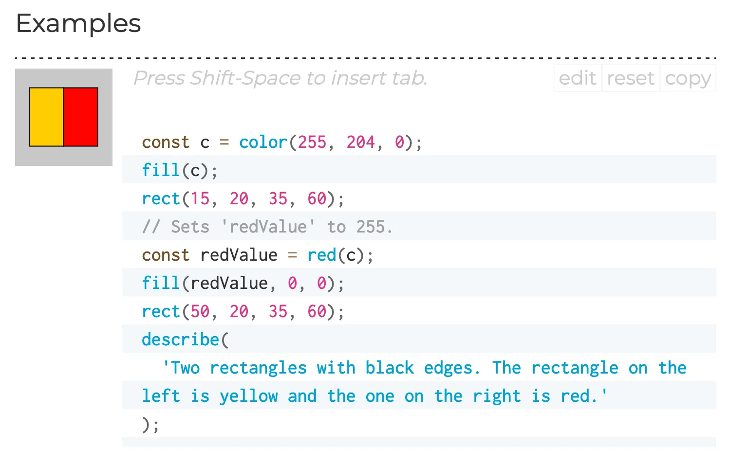 Screenshot of the p5.js reference page of the "red()" function, showing only the example code section.