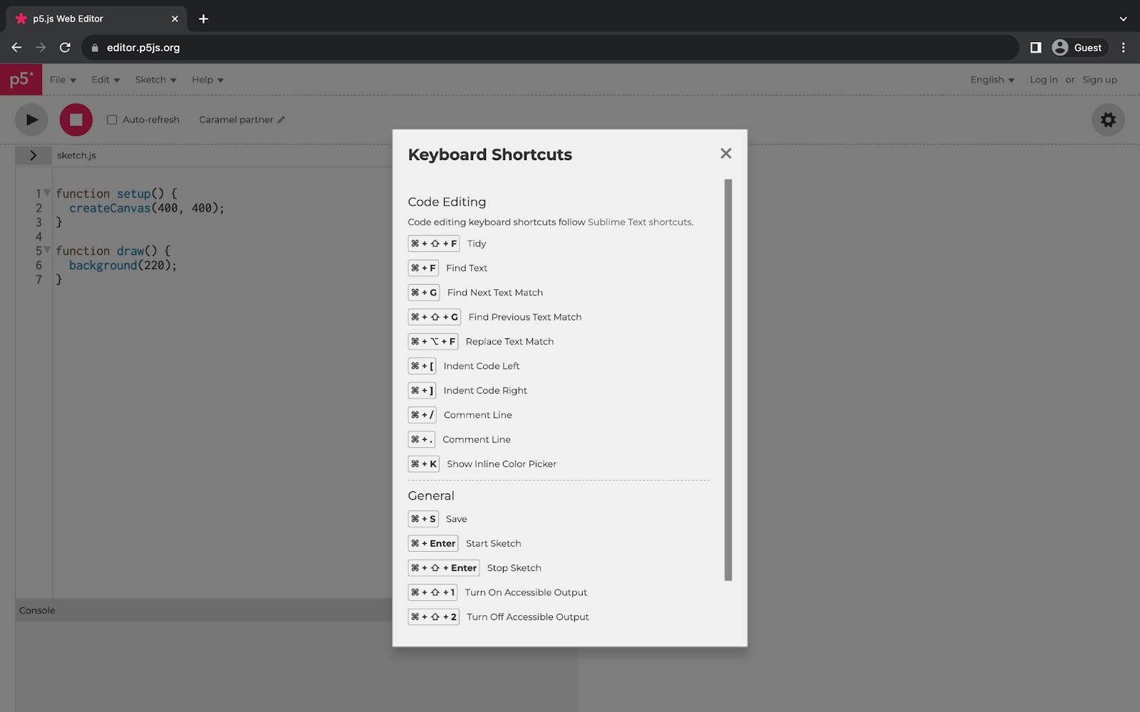 p5.js Webエディタを表示しているウェブブラウザ。ページ中央の長方形のメニューに利用可能なキーボードショートカットが表示されています。メニューは上部の「Code Editing」と下部の「General」に分かれています。