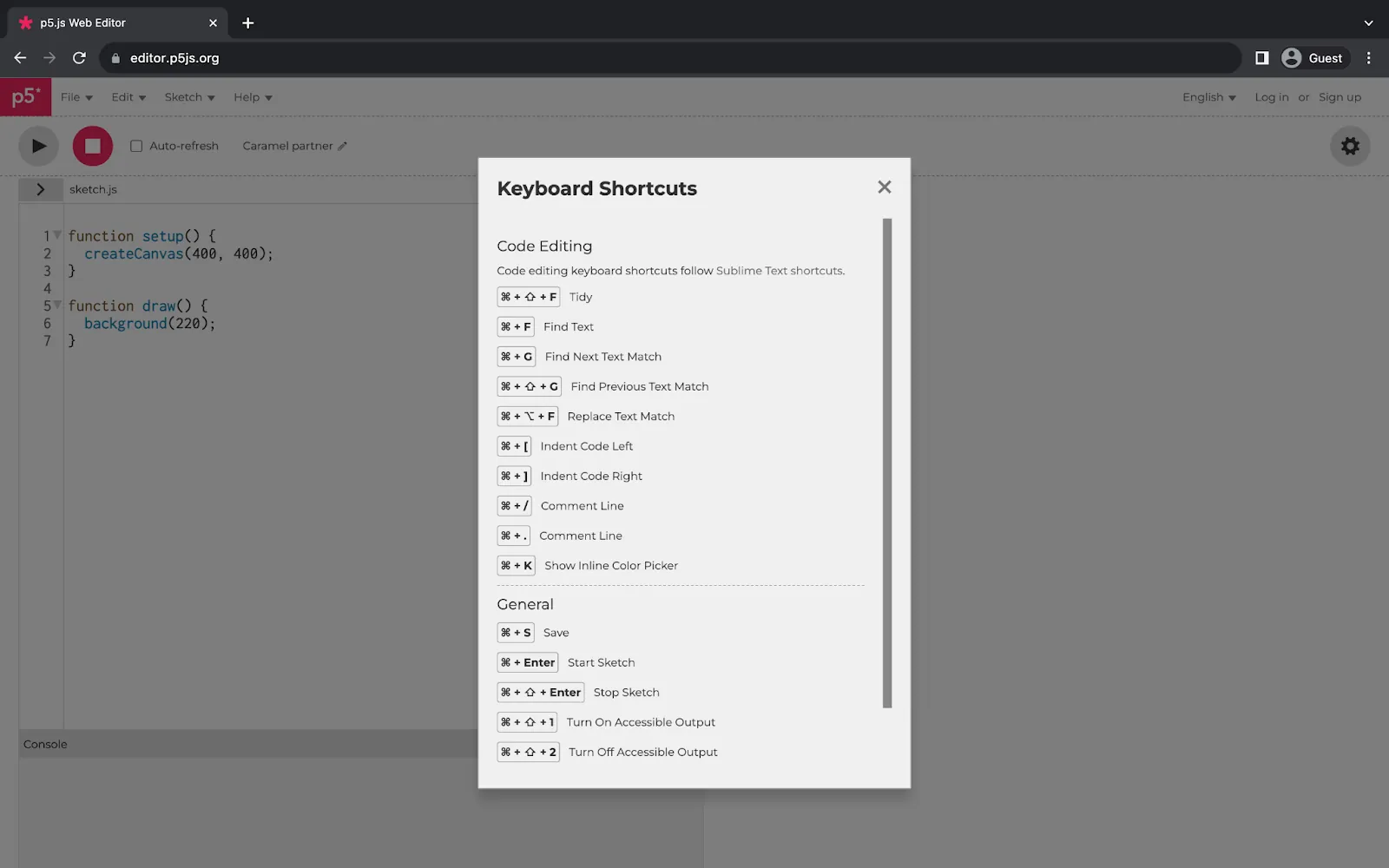 A web browser displaying the p5.js Web Editor. A rectangular menu in the middle of the page displays available keyboard shortcuts. The menu is separated into an upper section for ‘Code Editing’ and a lower section for ‘General.’