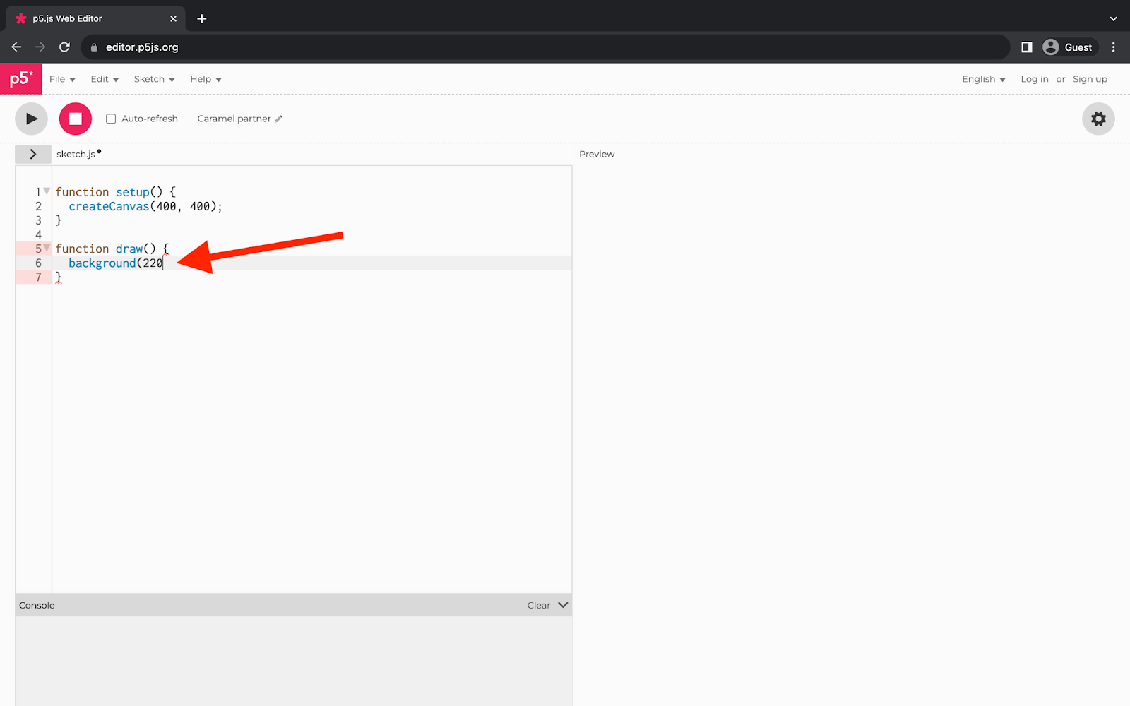 p5.js Webエディタを表示しているウェブブラウザ。テキストエディタの5行目と7行目が赤く強調表示され、構文エラーを示しています。6行目の末尾に閉じ括弧が欠けている部分に赤い矢印が指しています。