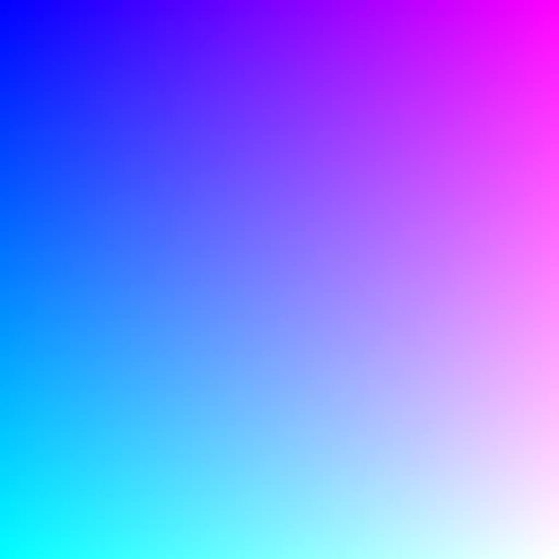 A rectangular gradient with black in the top left corner, magenta in the top right, white and the bottom right, and cyan in the bottom left.