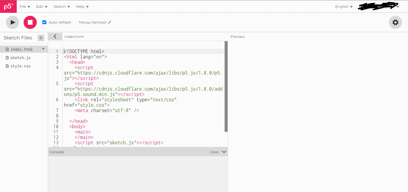 p5.js webエディタには、標準的なHTML5コードが表示されたコードエディタウィンドウ、インタラクティブなグラフィックス入力を表示するプレビューウィンドウ、プロジェクトファイルを含むサイドバー、そして下部にコンソールウィンドウがあります。